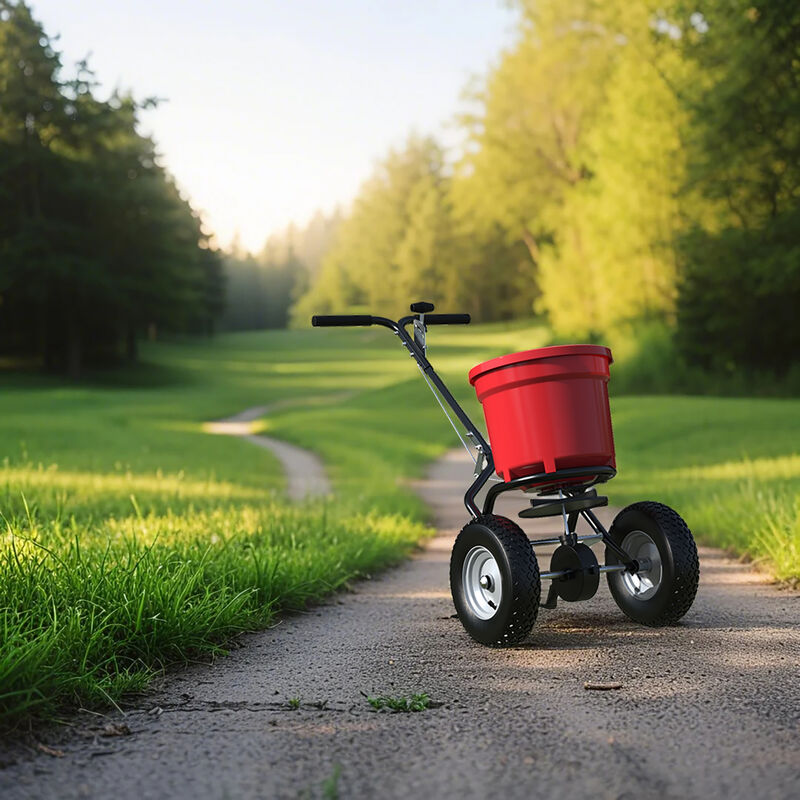 FUFU&GAGA 50lb Walk-Behind Spreader &ndash; Durable Red Frame, Adjustable Feed Control, Rubber Pneumatic Tires, (21.6" L x 12.4" W x 32.7" H), Red image number 3