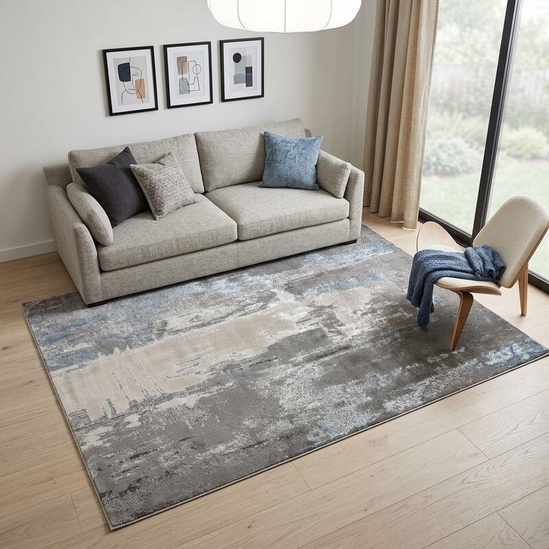HomeRoots 5' X 8' Gray Ivory And Blue Abstract Area Rug image number 1