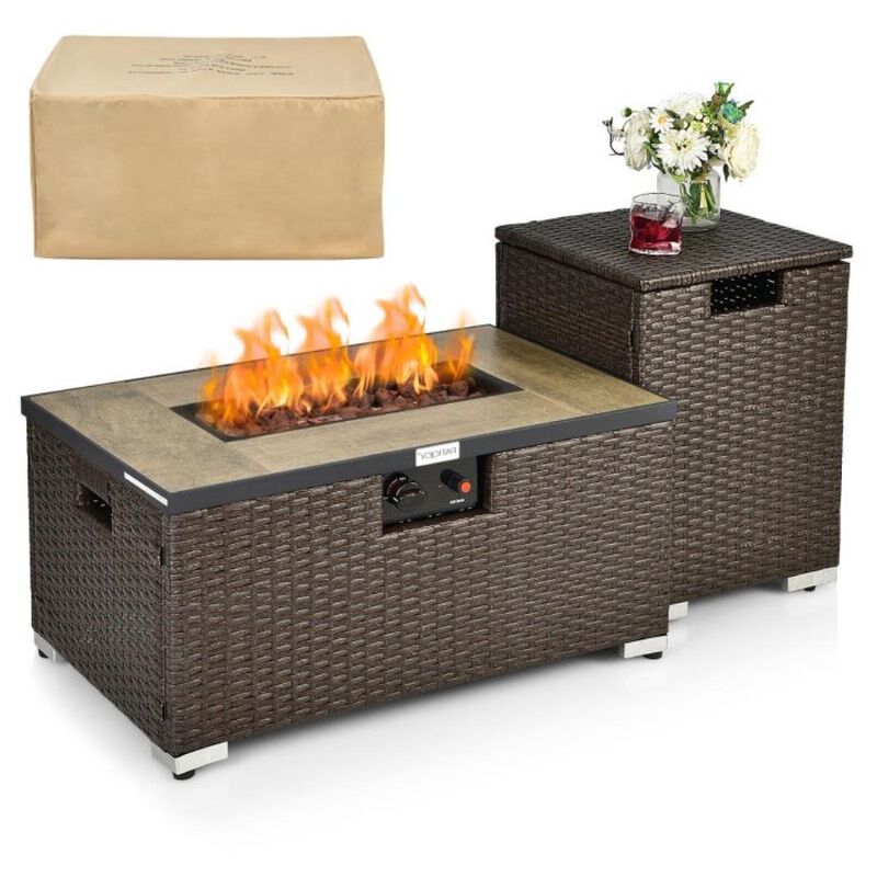 Hivvago Outdoor Propane Fire Pit with Side Table Tank Holder in Brown PE Rattan