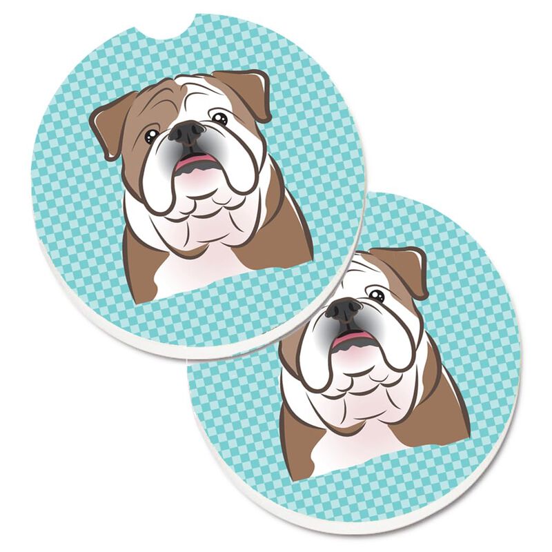 Caroline's Treasures Checkerboard Blue English Bulldog Set of 2 Cup Holder Car Coasters BB1157CARC, 2.56, Multicolor