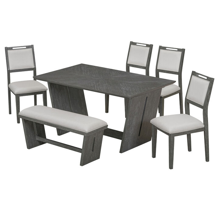 Merax Vintage Farmhouse Dining Set with Trapezoid Table Base, Carved Chairs
