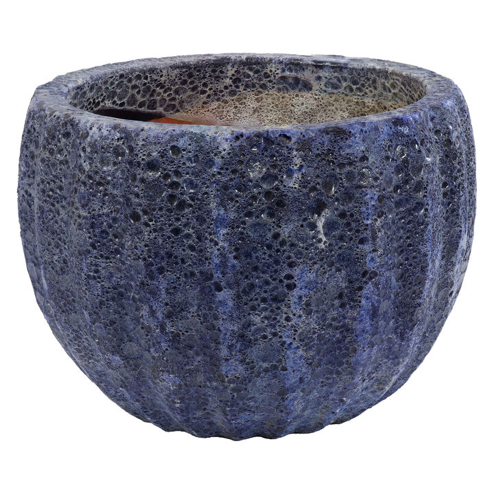 Sunnydaze 13.5" Fluted Lava Finish Ceramic Planter - Dark Blue