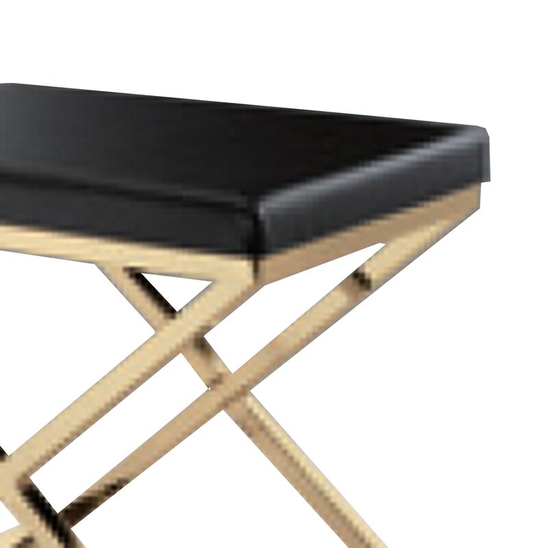 Myra 21 Inch Accent Stool, Black Faux Leather, Gold Finished Cross Legs - Benzara