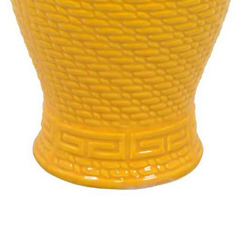 Bryan 13 Inch Ceramic Temple Jar, Geometric Print, Finial Top, Yellow - Benzara