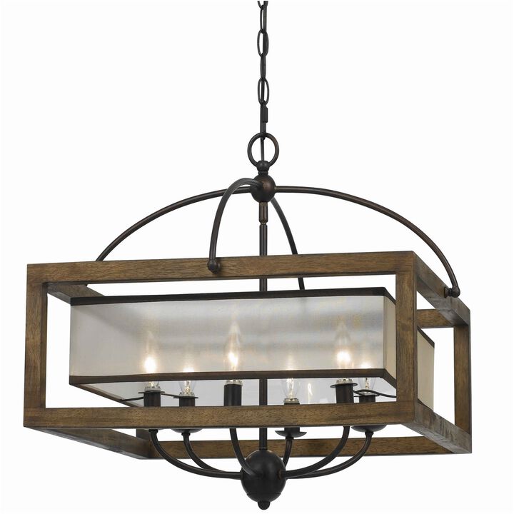 6 Bulb Square Chandelier with Wooden Frame and Organza Striped Shade, Brown-Benzara