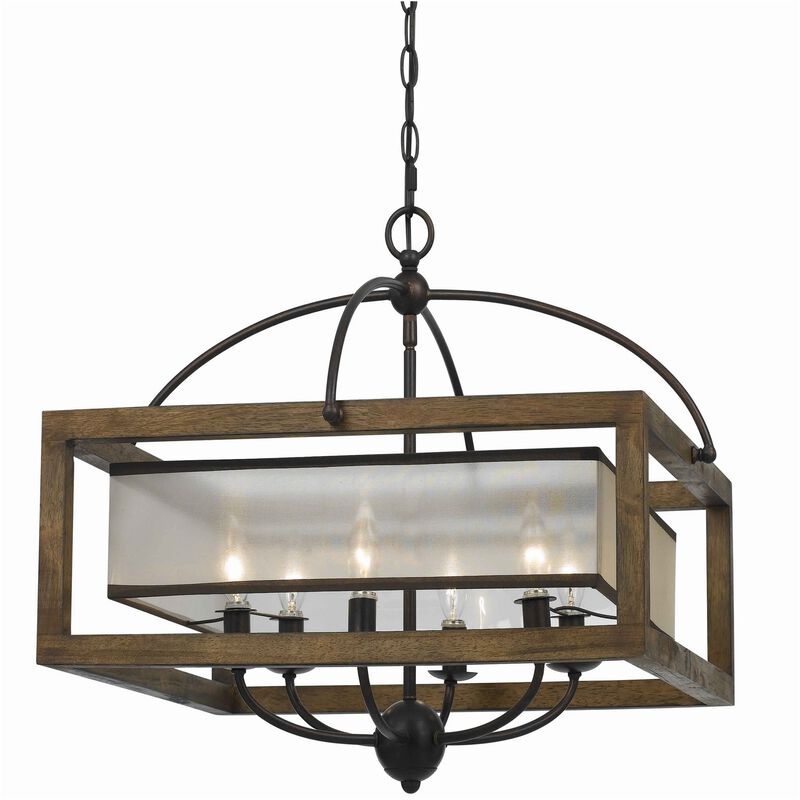 6 Bulb Square Chandelier with Wooden Frame and Organza Striped Shade, Brown - Benzara