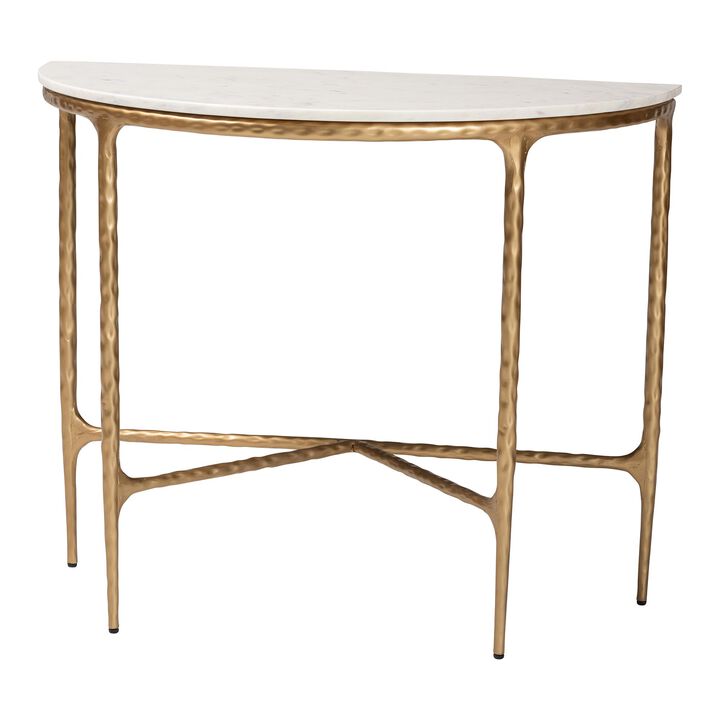 Baxton Studio Akanji Marble Console Table - Modern Rustic Accent Table with Hand-Forged Metal Frame and Half-Moon Tabletop