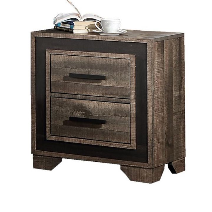 Nny 26 Inch Nightstand with 2 Drawers, Black Handles, Brown Wood Finish - Benzara