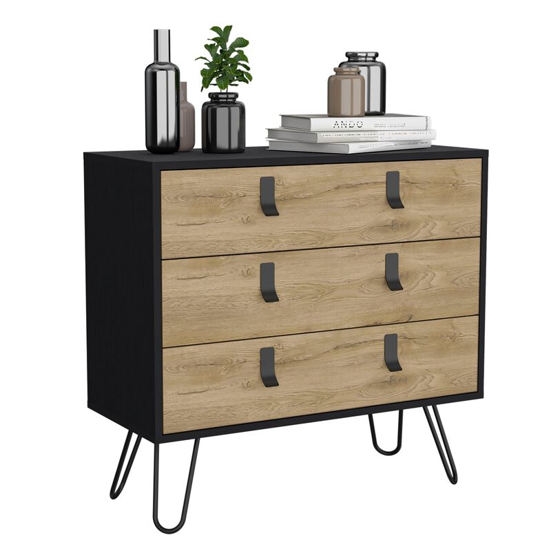 DEPOT E-SHOP Huna 3-Drawer Dresser, Modern Chest of Drawers with Hairpin Legs and Metal Accents, Black / Macadamia