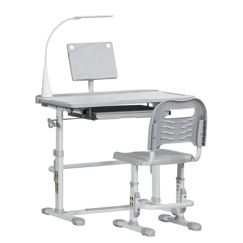 Kids Desk and Chair Set Height Adjustable Children Study Table with Tilt Desktop, LED Lamp, Drawer, Reading Board, Cup Holder, Pen Slots image number 0