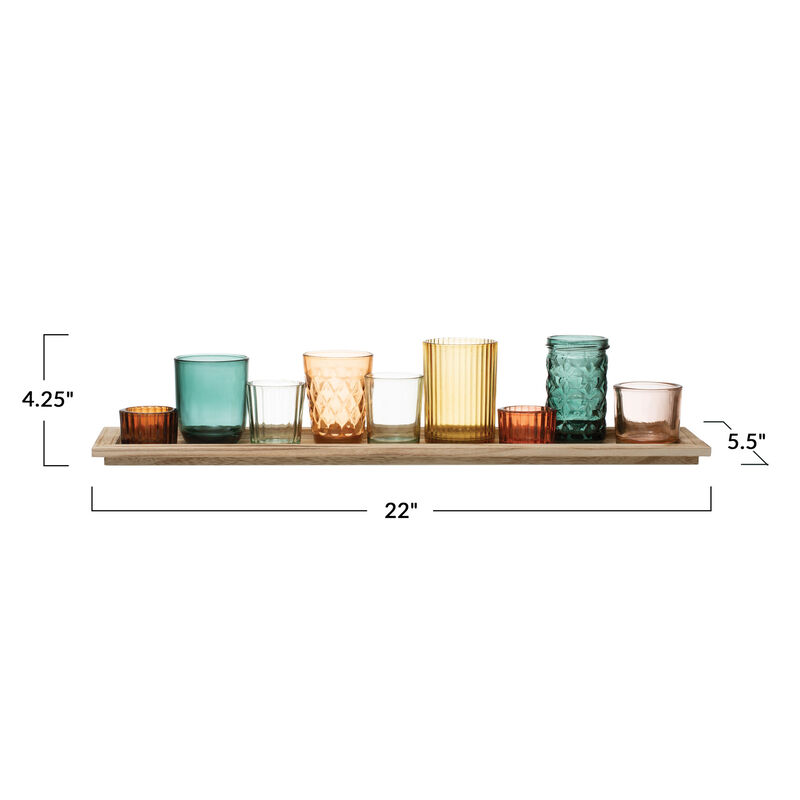Round Glass Votive Holders on Wood Tray, Multicolor, Set of 9 image number 1