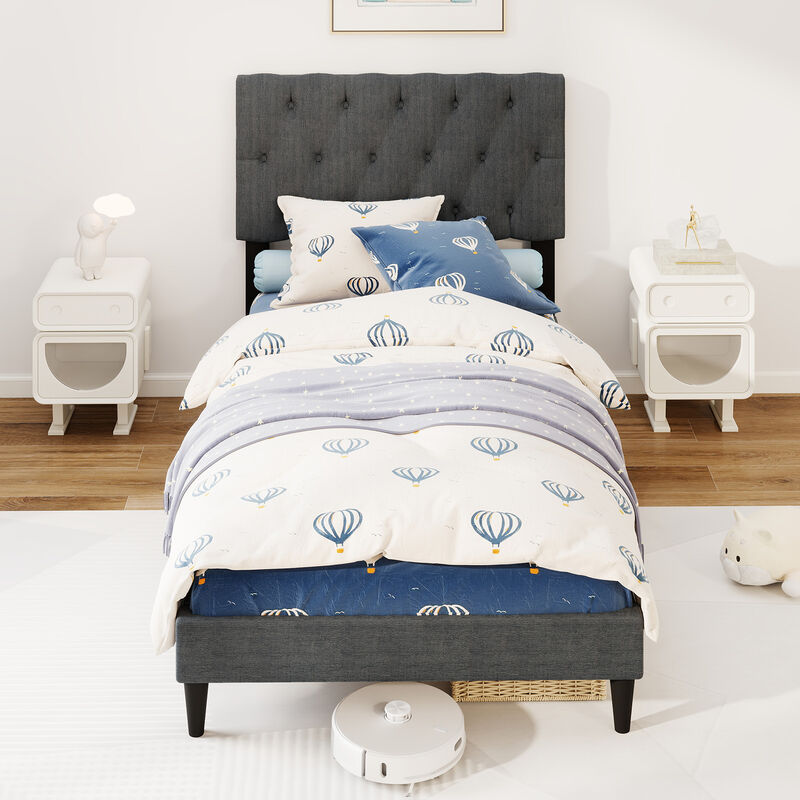 Tufted Headboard Upholstered Platform Bed with Wooden Slats, Elegant Bed Frame