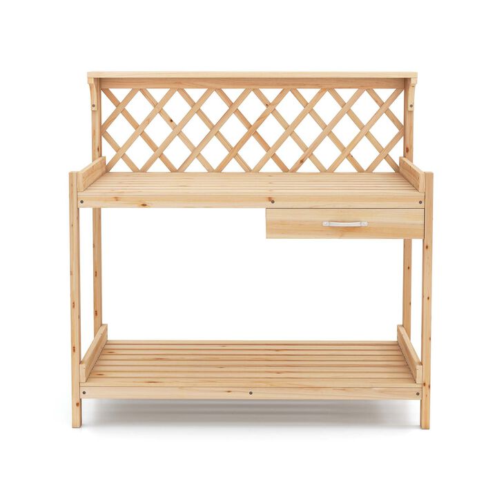 Garden Potting Workstation Table with Lattice Trellis, Wooden Plant Stand-Natural
