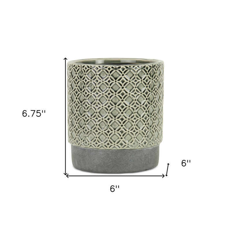 HomeRoots 6" Gray Geometric Ceramic Indoor Outdoor Round Pot Planter image number 3