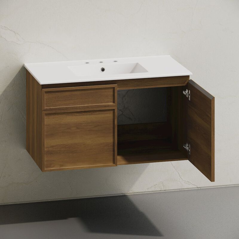 36" Wall-Mounted Bathroom Vanity in Brown Oak with 3-Hole Widespread Sink Top image number 3