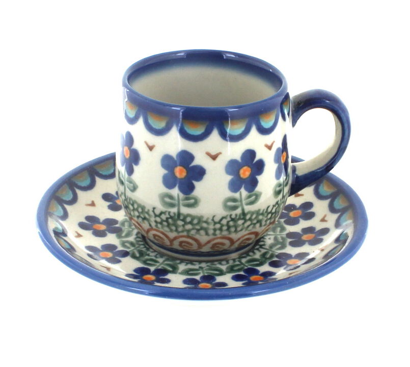 Blue Rose Polish Pottery Aztec Flower Espresso Cup & Saucer
