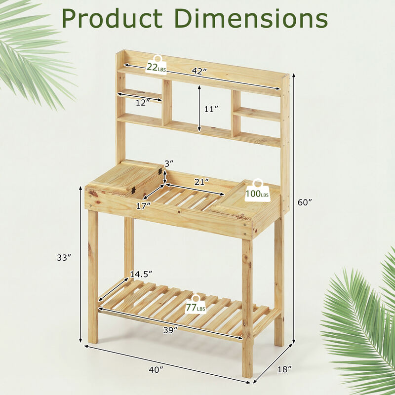 Garden Potting Bench Workstation with Wooden Table and 3-Tier Open Shelves image number 2