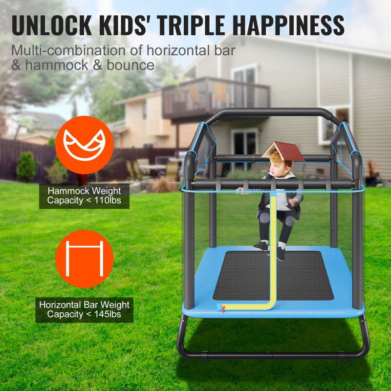 Mini Kids Trampoline with Enclosure Net, Gym Bar and Swing Hammock, Birthday Gift for Toddlers-Black image number 3
