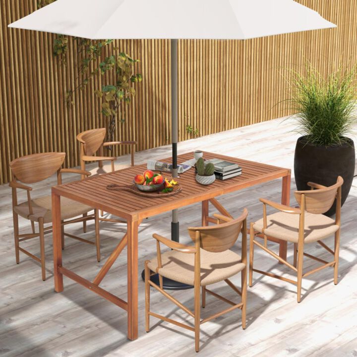 Hivvago 55 Inch Patio Rectangular Acacia Wood Dining Table with Umbrella Hole