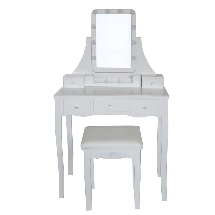 32 Inch 3 Piece Vanity Desk Set with LED Lights, 5 Drawers, Cushioned Stool, White Solid Wood-Benzara