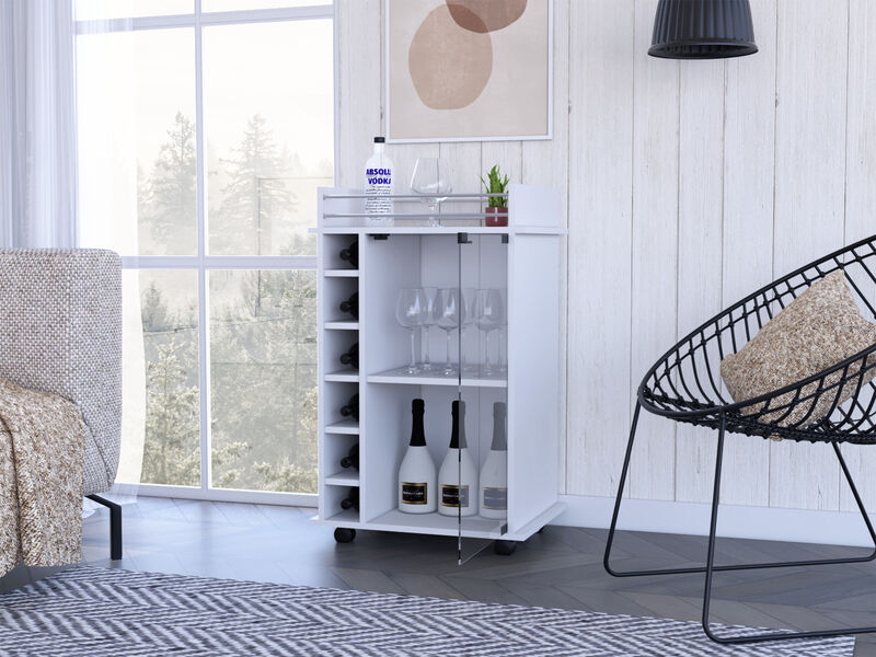 DEPOT E-SHOP Huali Bar Cart, Six Built-in Wine Rack, Glass Door, Four Casters, Two Shelves, White
