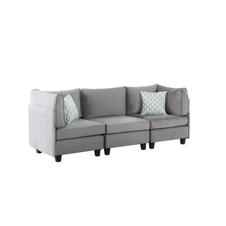 Moshe 90 Inch Modern 3 Piece Sofa with Pillows, Modular Seats, Gray Velvet-Benzara