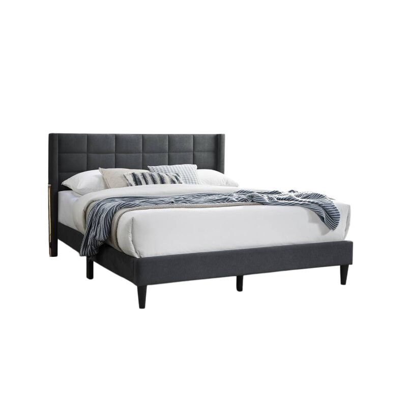 Meno Queen Size Bed, Square Stitched Charcoal Gray Linen Upholstery - Benzara
