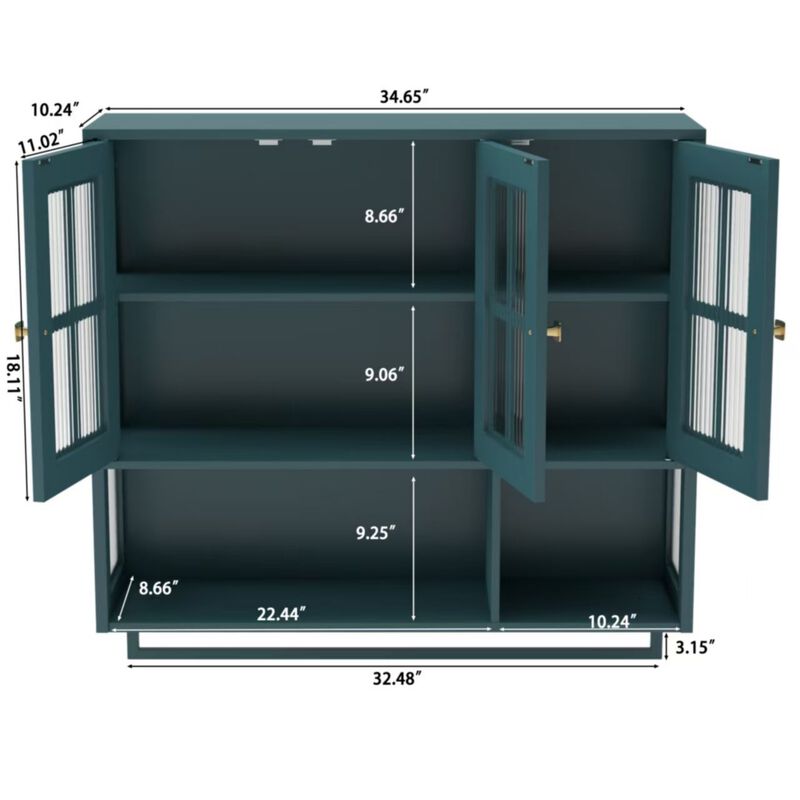 Bathroom Wall Cabinet, 3-Door Wooden Wall Cabinet with Open and Hidden Storage Space, Medicine Cabinet with Glass Door and Towel Bar image number 4