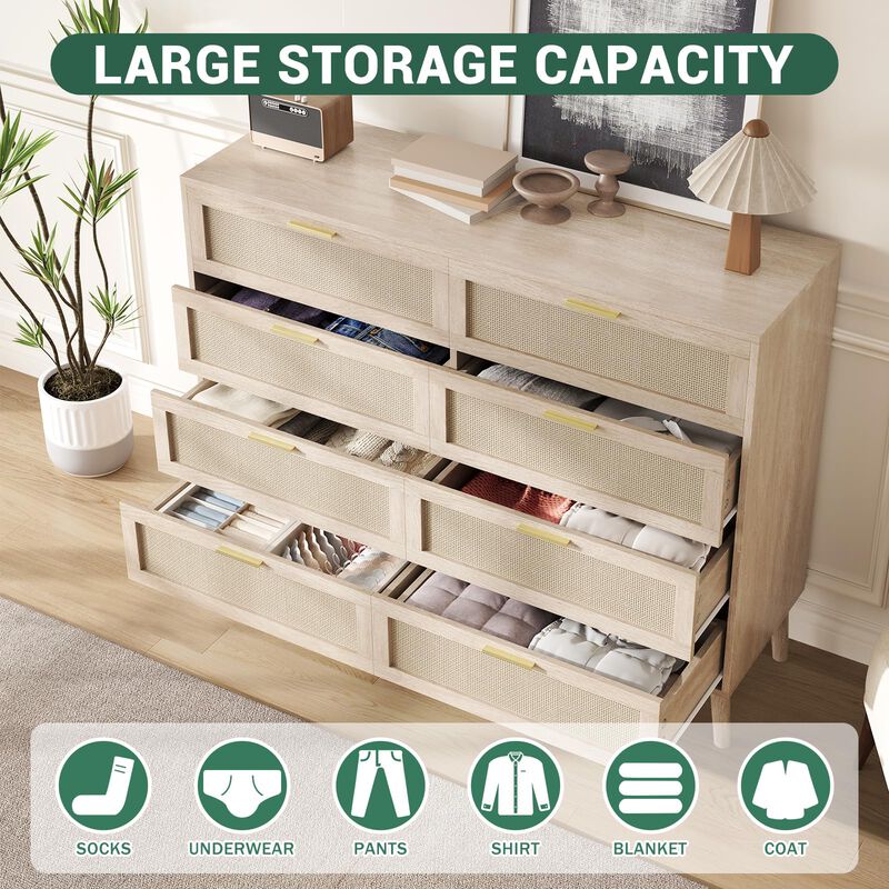 8 Drawer Dresser, Natural Rattan Dresser for Bedroom with 5 Strong Legs, Farmhouse Wood Chest image number 3