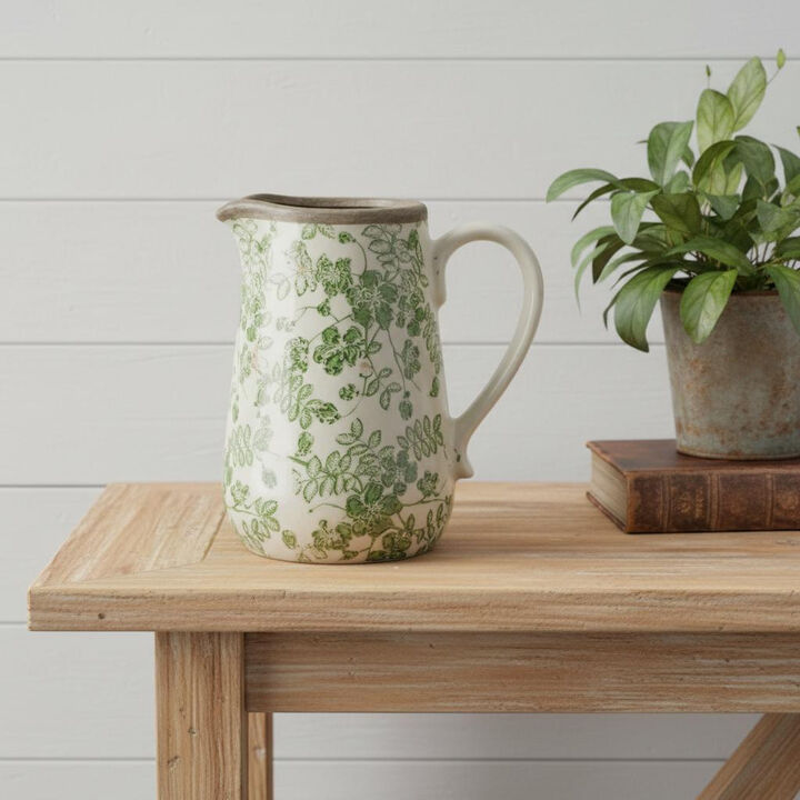 HomeRoots 7" Green And White Leaf Ceramic Round Jug Vase