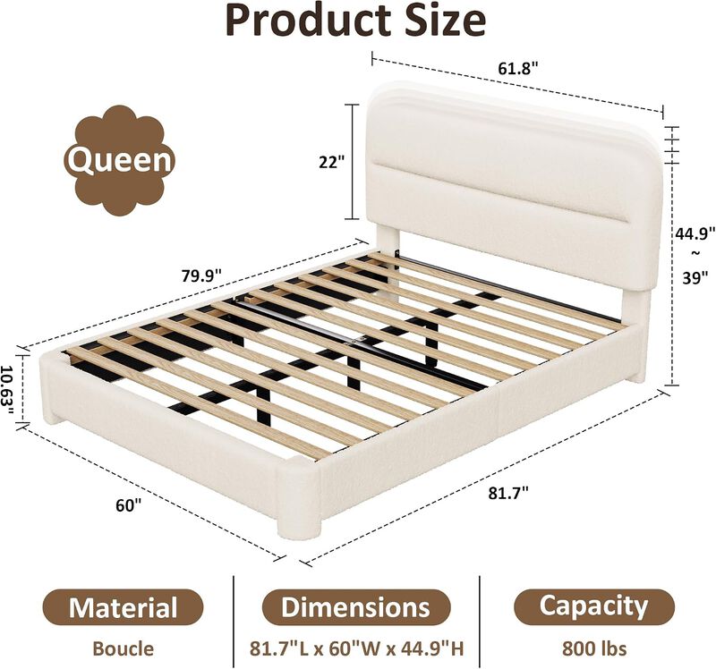 Vipbear Upholstered Boucle Platform Bed Frame with Adjustable Wide Headboard, Wooden Slats, Beige image number 1