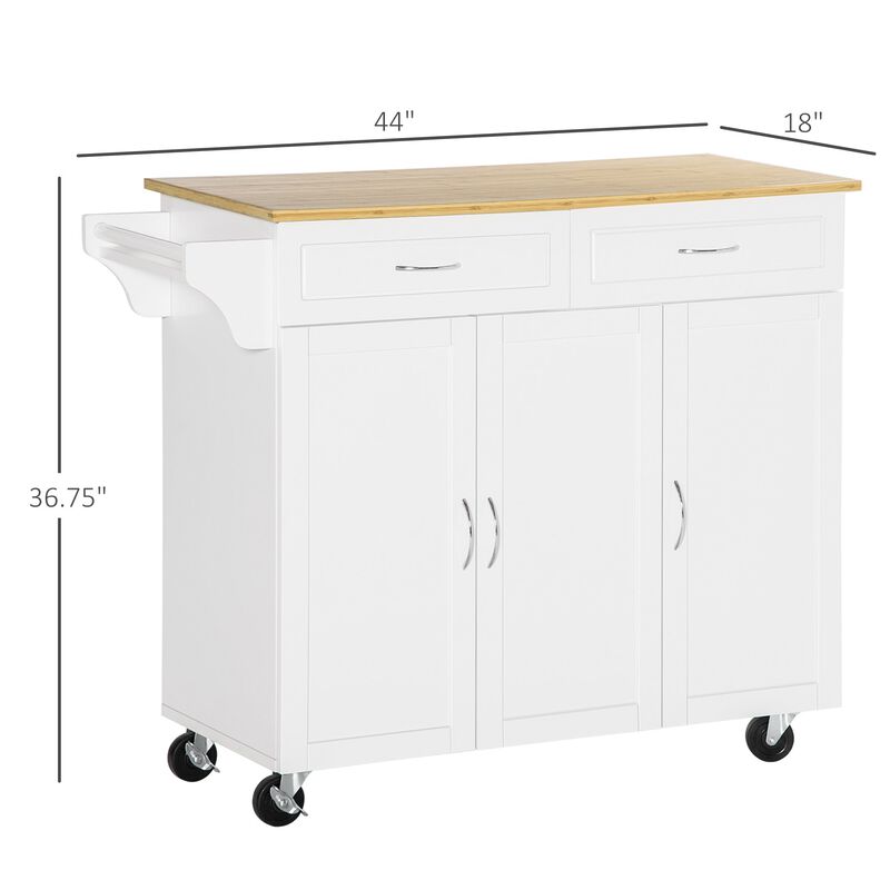 White Kitchen Helper: Mobile Island with Bamboo Top and Storage