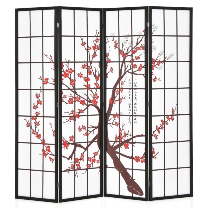 Hivvago 6 Feet Folding Decorative Oriental Privacy Screen with Plum Blossom Design