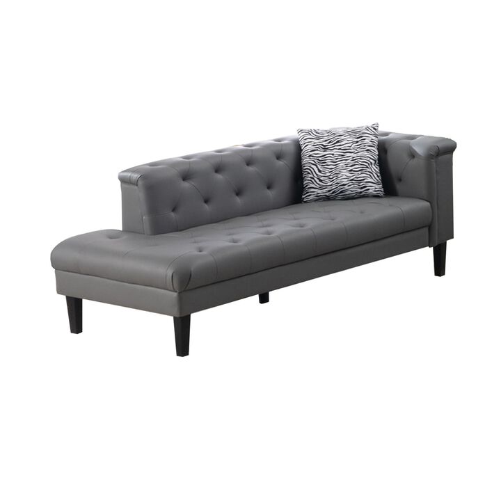 Ella 77 Inch Chaise with Pillow, Deep Button Tufted, Gray Vegan Leather-Benzara