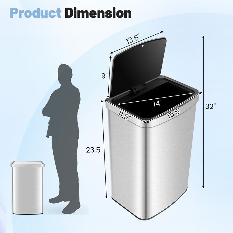 13 Gallons Automatic Garbage Can with Rectangular Infrared Motion Sensor-Sliver