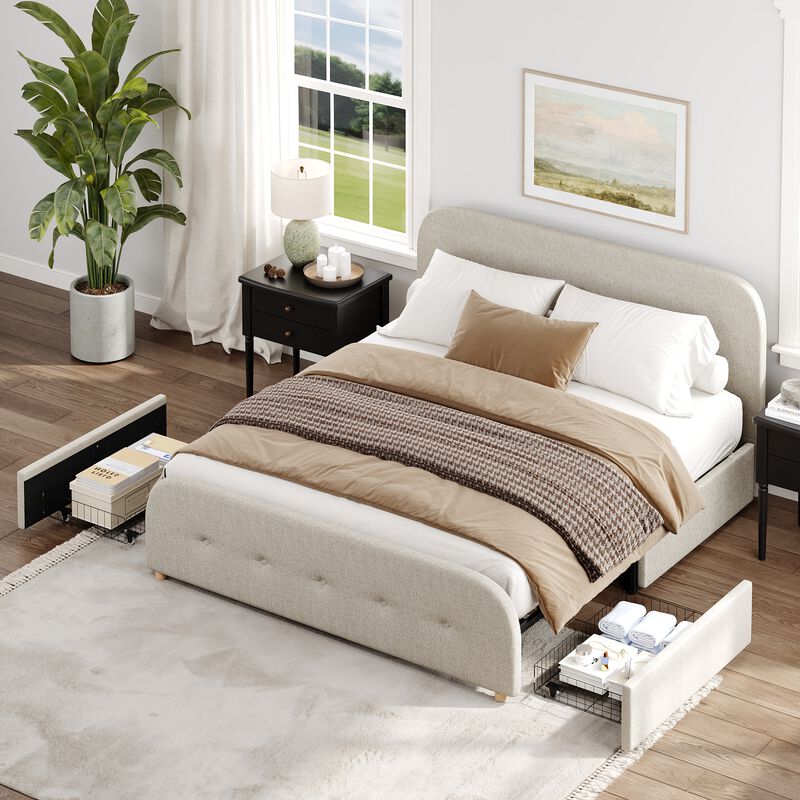 FUFU&GAGA Minimalist Platform King  Bed with Linen Upholstery Iron Frame and Button Accents 87''L x 81''W x 45''H Gray