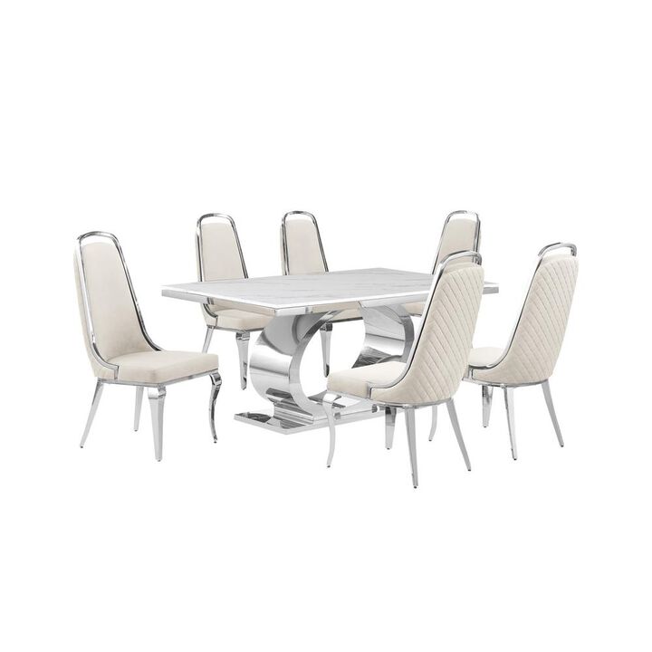 7pc Large(68") marble top dining set with silver base and 6 Cream side chairs