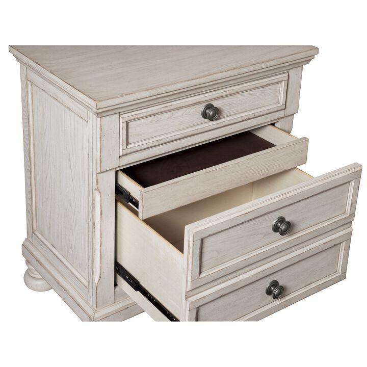 Cottage 2 Drawer Nightstand with Molded Details and Bun feet, Antique White-Benzara