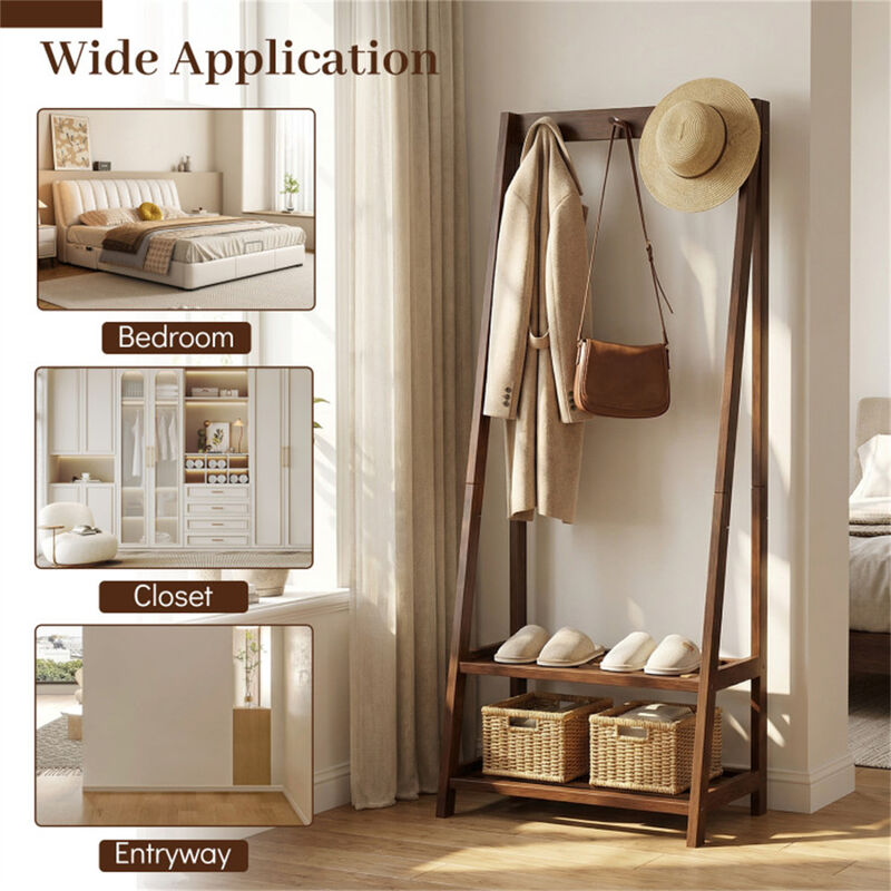 Freestanding Wood Coat Rack with A Frame Design 3 Hooks and 2 Shelves image number 3