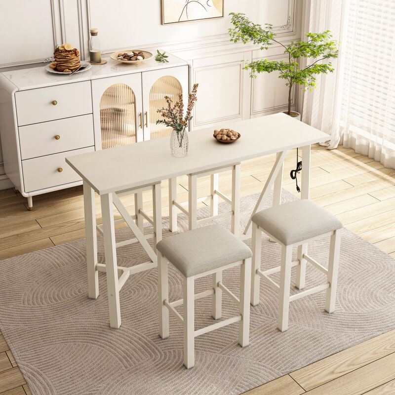 Modern 5Piece Dining Table Set with Power Outlets, Bar Kitchen Table Set with Upholstered Stools, Easy Assemble, Beige