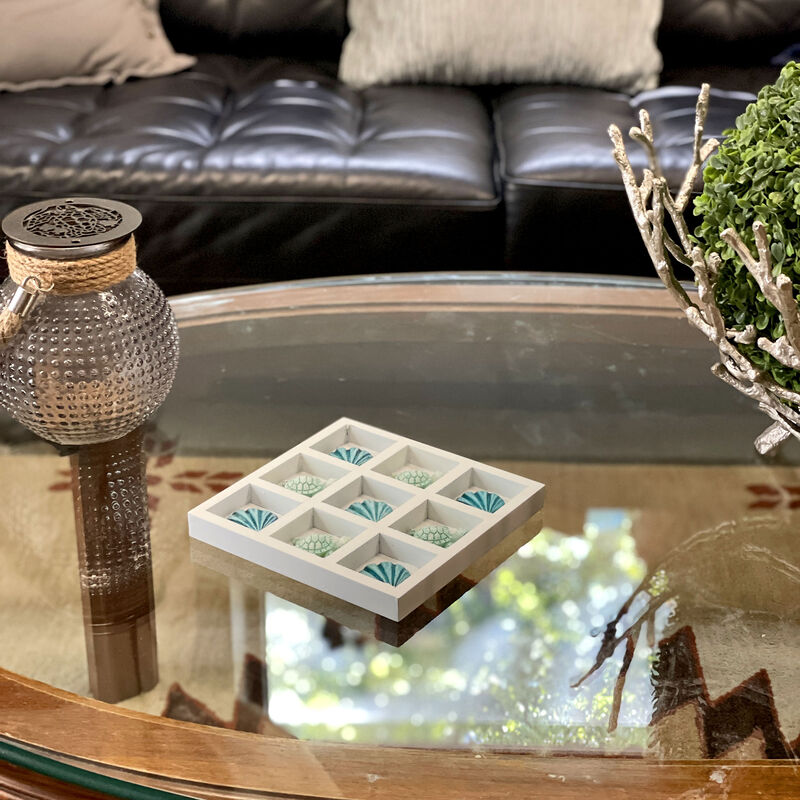 Coastal Shell & Sea Turtle Tic Tac Toe Table Accent Decor - 7 inch White Wood image number 7