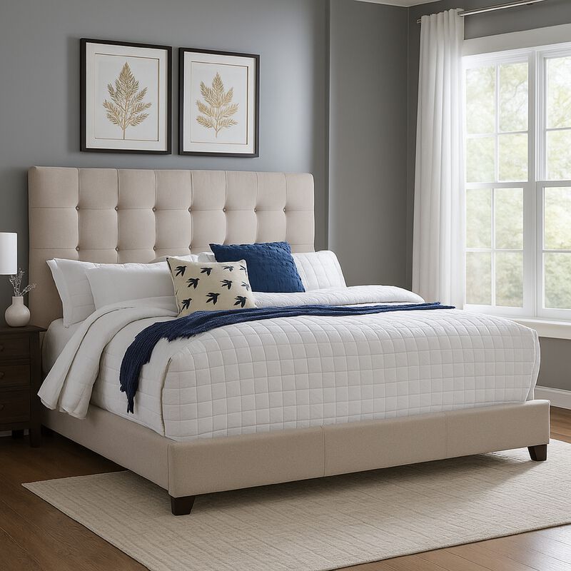 Fiji King Size Platform Bed | Deep Button Tufted Beige Upholstery | Low Profile image number 6
