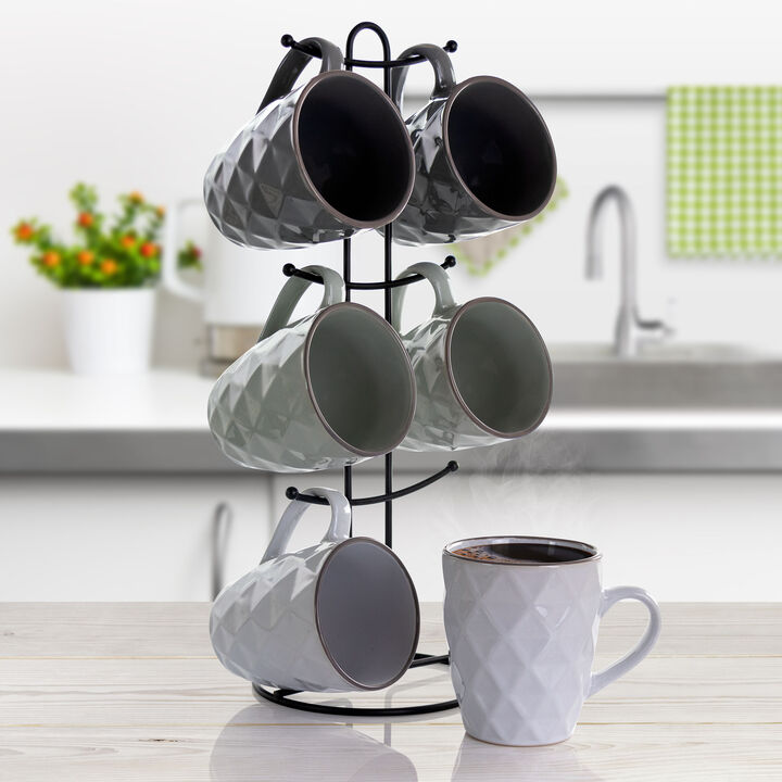 Elama Diamond Waves 6-Piece 12 oz. Mug Set with Stand, Assorted Colors