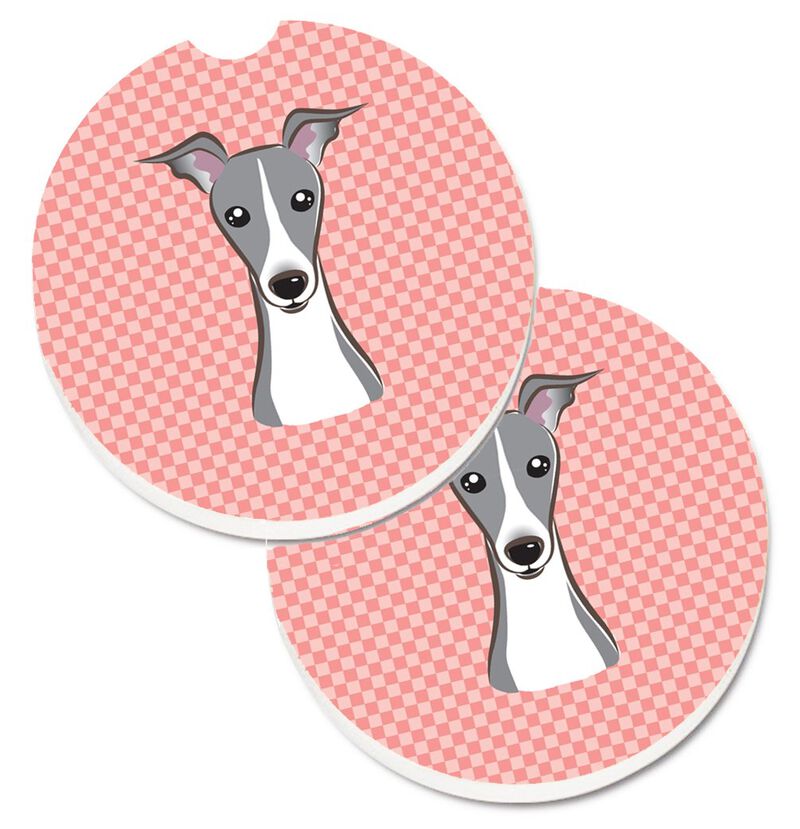 Caroline's Treasures Checkerboard Pink Italian Greyhound Set of 2 Cup Holder Car Coasters BB1236CARC, 2.56, Multicolor