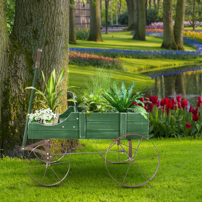 Wooden Wagon Plant Bed With Wheel for Garden Yard
