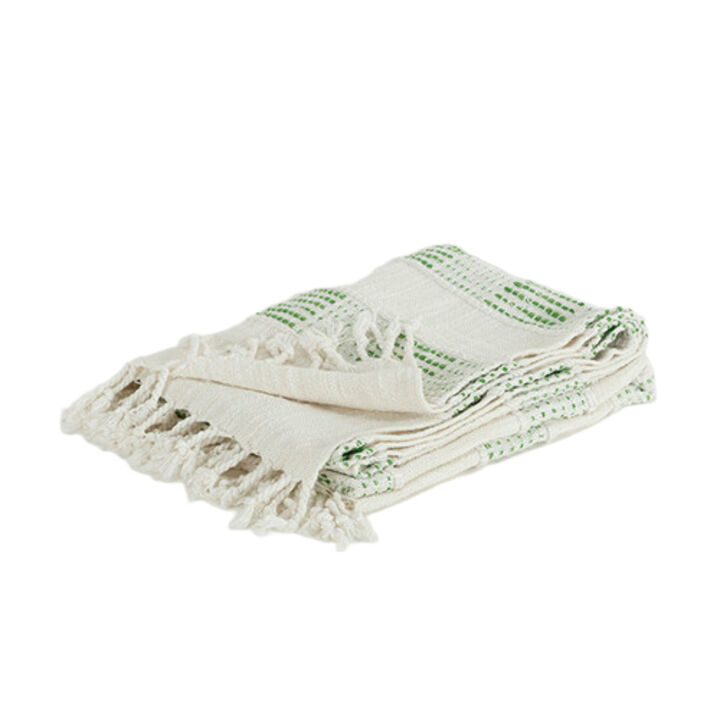 HomeRoots Gray and Green Woven Cotton Throw Blanket with Fringe