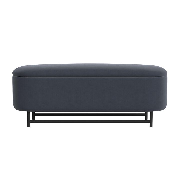 Pat Storage Bench Ottoman, Steel Blue Velvet, Black Metal, 46 Inch