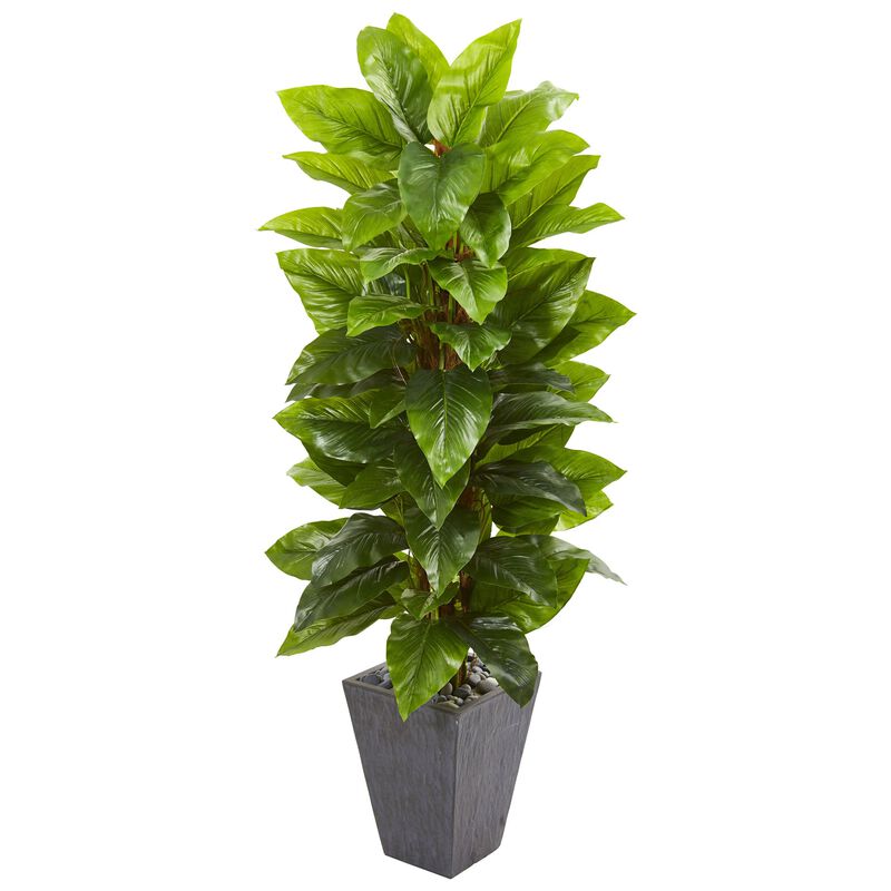 HomPlanti 5" Large Leaf Philodendron Artificial Plant in Slate Planter (Real Touch)