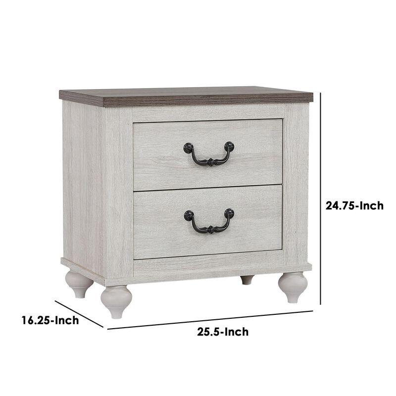 Nightstand with 2 Drawers and Bun Legs, White and Brown-Benzara