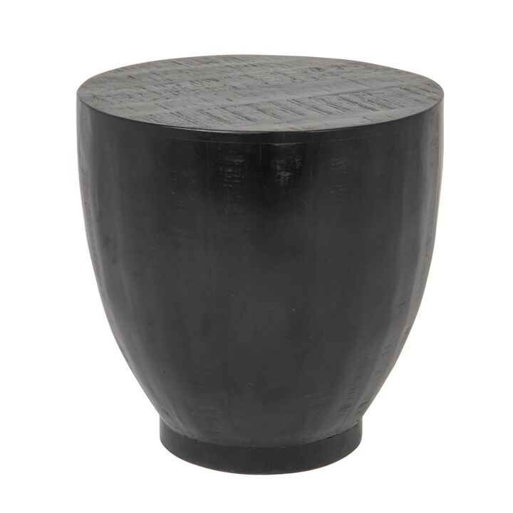 Round Mango Wood Drum End Table with Combed Finish, Black
